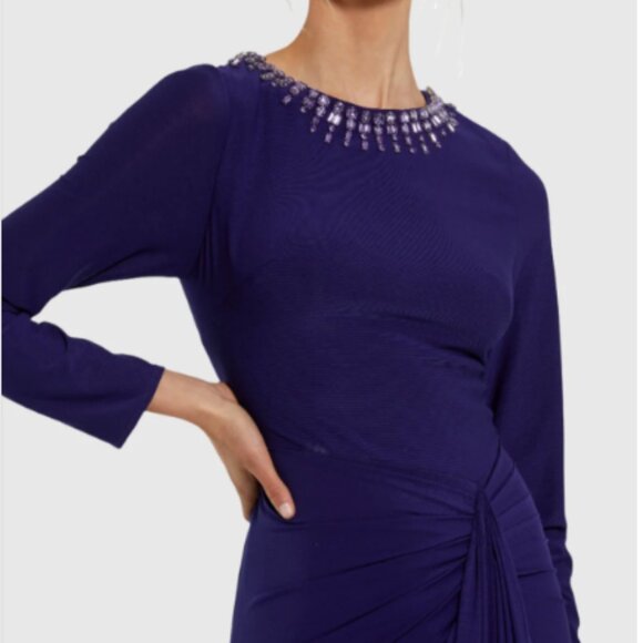 MAC DUGGAL 44069 LONG SLEEVE JERSEY RUCHED BEADED NECK INDIDGO/PURPLE GOWN sz M - Picture 4 of 5